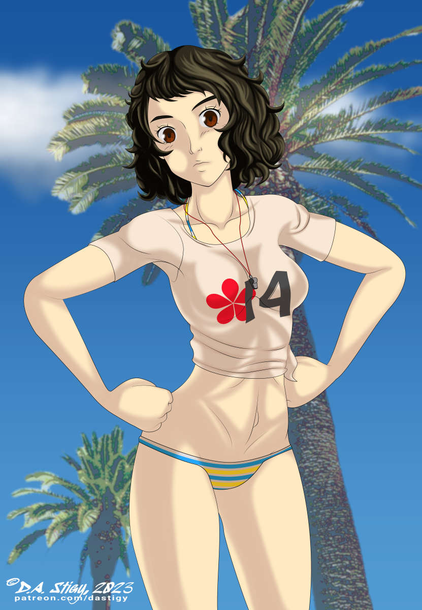 Sadayo Kawakami, in her bikini and swimshirt, glaring at the camera.
