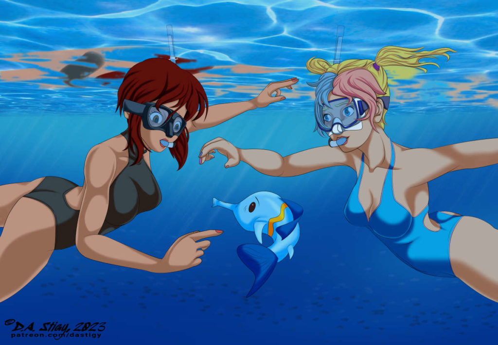 Dani and Amy snorkeling, meeting one of the natives.