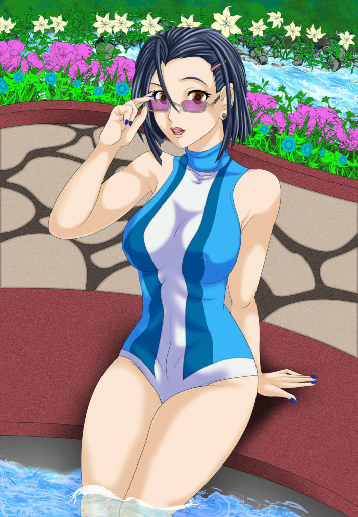 Kaoru Niimi, sitting on the edge of an in-ground hot tub.