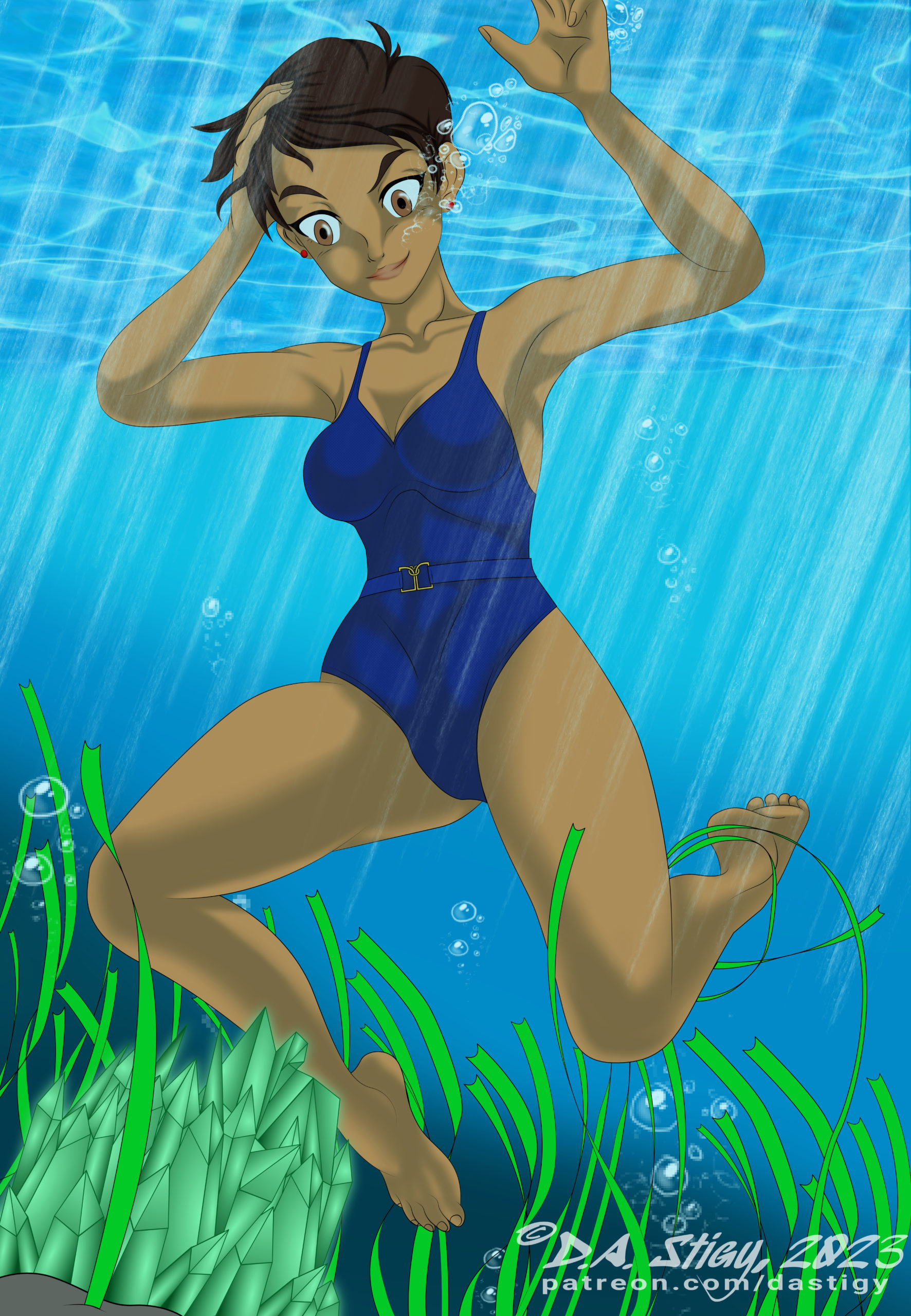 Lois Lane, investigating a green glowing crystal on a lake bottom, unaware of her danger.