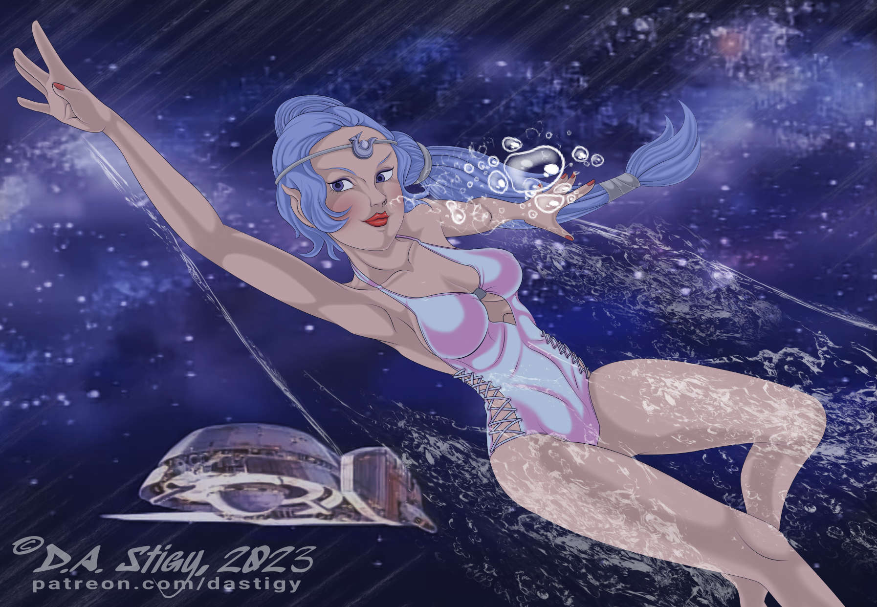 Dia, swimming against a starscape