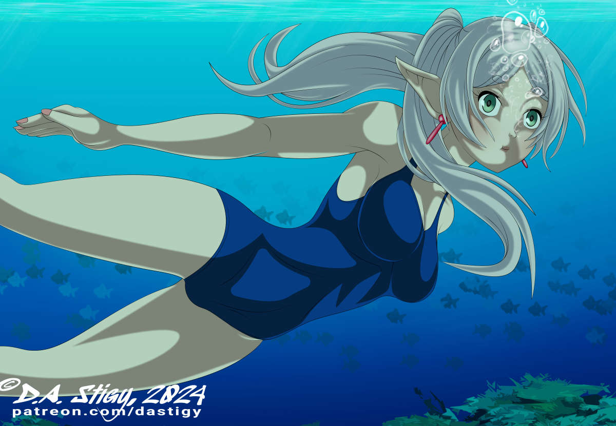 Frieren, on a search for a mystical grimoire at the bottom of a lake. Let’s hope she doesn’t find a mimic this time.