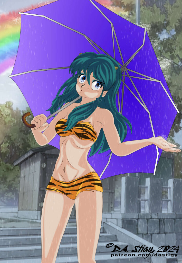 Lum is only somewhat prepared for a surprise shower.