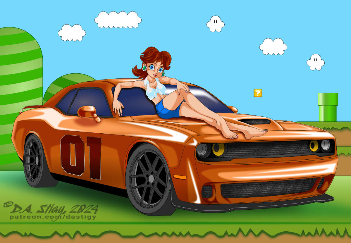 Queen of the Fictional Sea 2024 Video Game Champion! Princess Daisy posing on a suspicious vehicle wearing… heck you get it.
