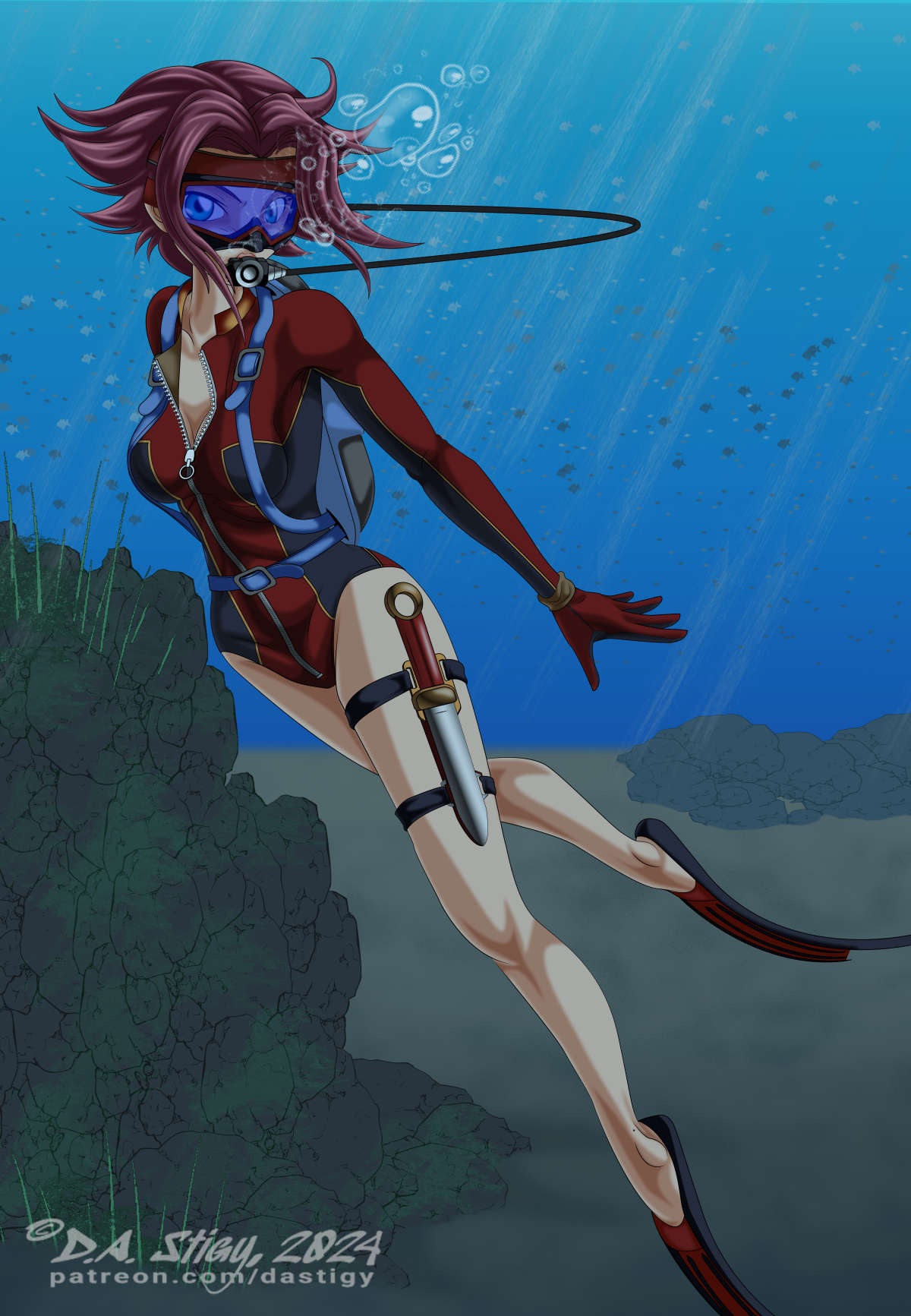 Kallen Kozuki, from Code Geass scuba diving in a french-cut wetsuit