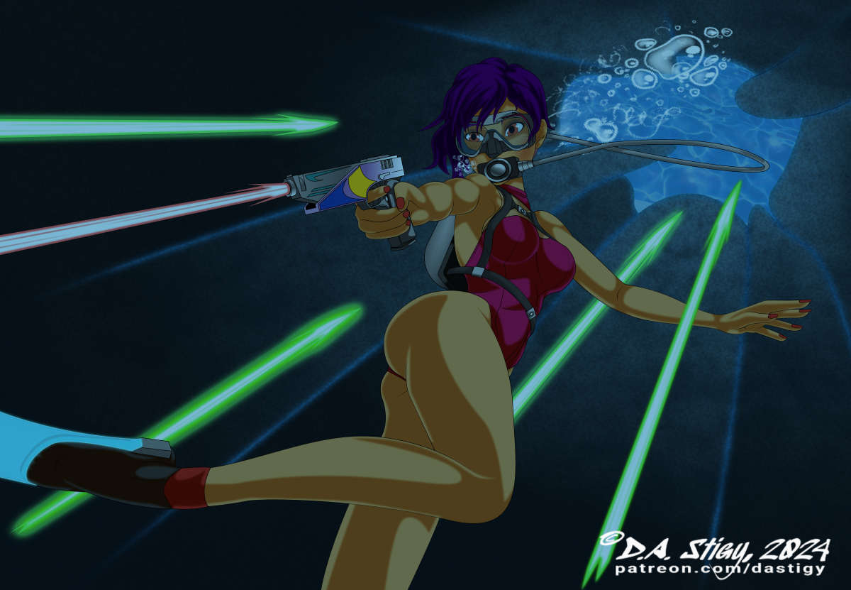 Queen of the Fictional Sea 2024 Cartoon Champion! Sabine Wren in a running firefight underwater… because… reasons?