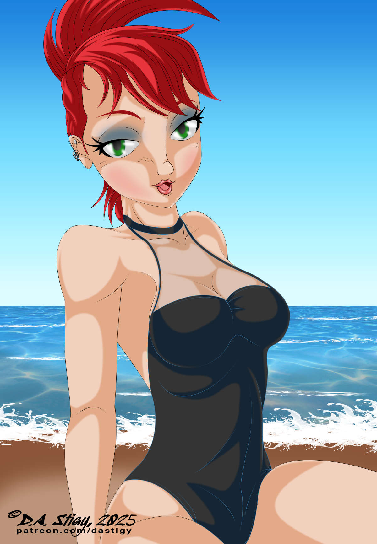 Frankie Foster on vacation at the beach, wearing a black swimsuit.