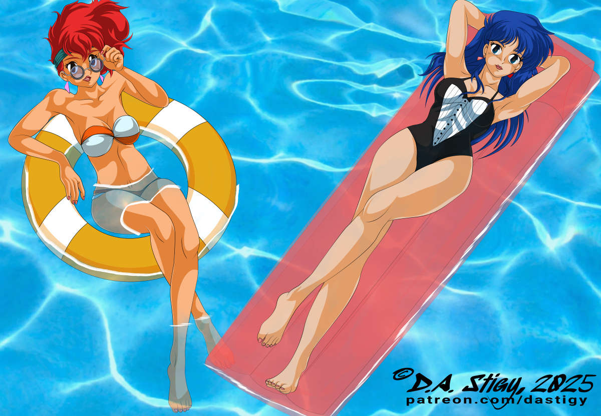 Kei and Yuri just floating around a pool.