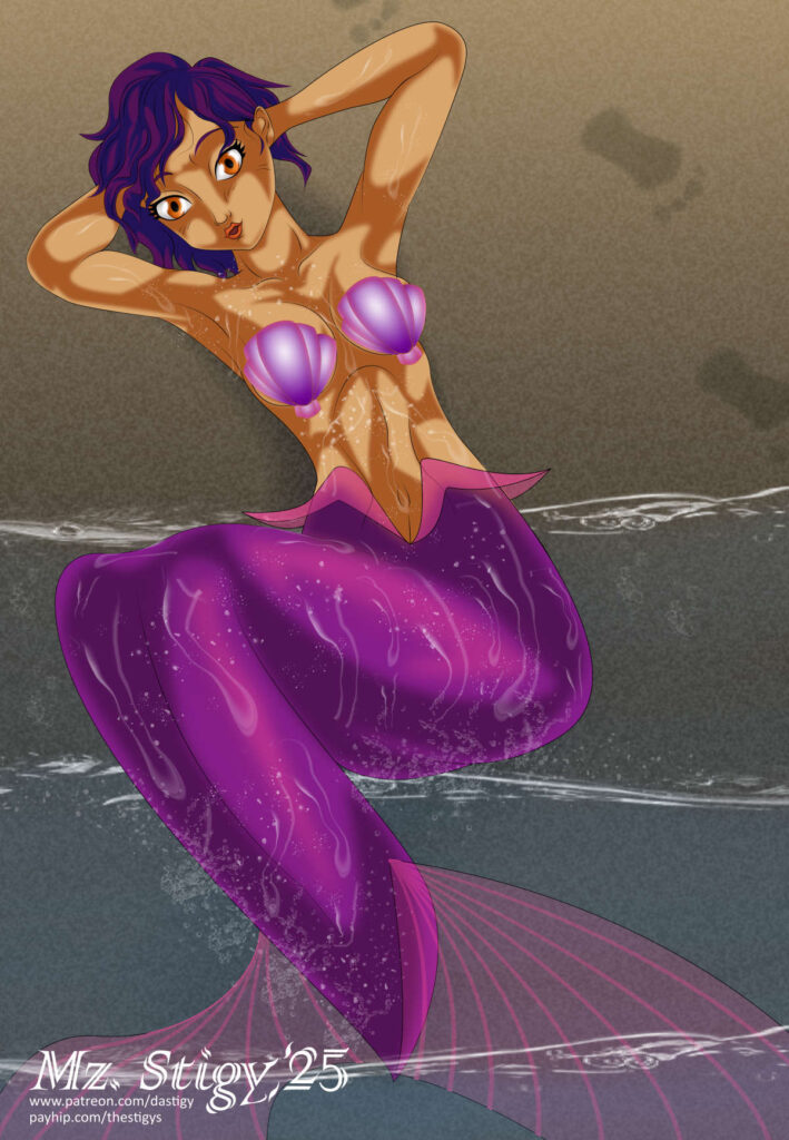 Sabine Wren as a mermaid, laying in the gentle surf.