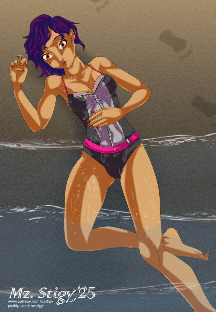 Sabine Wren laying in the gentle surf.