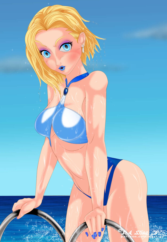 The White Queen, emerging from a refreshing swim.