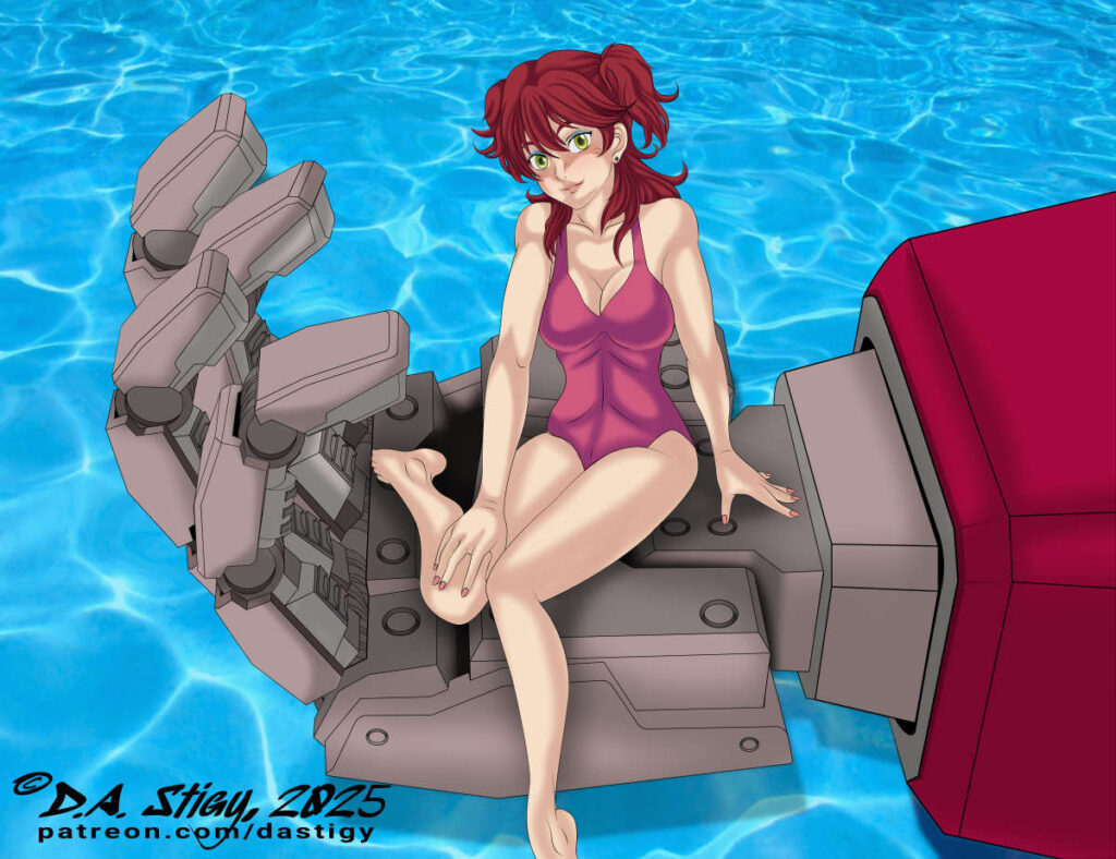 Winner of the 2025 Queen of the Fictional Sea Anime Region, Nena Trinity from Gundam 00! She sits in her mobile suits' right palm, above a tranquil blue sea. She's wearing a pink one-piece swimsuit and smiling at the camera.
