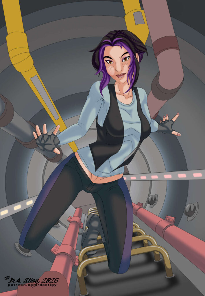 Akima, from the movie Titan AE, floating along a maintenance tube in zero gravity, with her foot hooked around the rung of a ladder to stop herself. She's wearing black and purple pants, a muted blue-green shirt, and a black vest in addition to boots and finger-less gloves. She has a sort of wistful smile, maybe she's dreaming of being somewhere else.