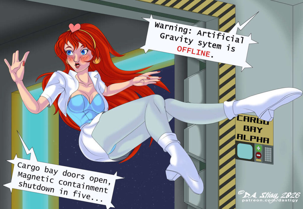 Kimberly from the 80's forgotten gem, "Space Ace!" floating backwards in zero gravity into a cargo bay. A computer voice warns about the gravity being down, the cargo bay doors being open to space and that magnetic containment of the atmosphere will end in five seconds.