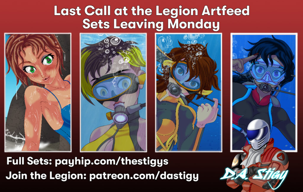 Digital art flyer containing thumbnails of image sets leaving the Legion Artfeed on July 6th, Original Characters Month!: Jackie Wilder poses on the beach after a swim, Ana experiments with scuba in a pool, Goldie beckons you closer for some undersea fun, and Emma Rose patrols the waters of New Empire City Harbor.