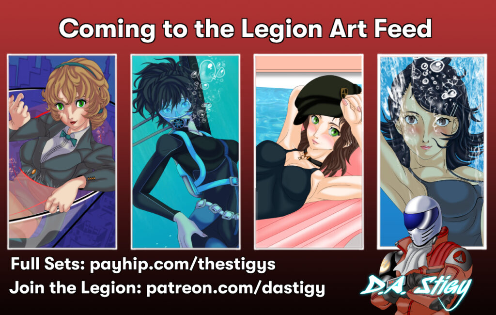 Digital art flyer containing thumbnails of image sets coming to the Legion Artfeed on July 6th. Return to Persona Beach! This time, we look at the ladies of Persona 5: The Phantom X! First of the four thumbnails ia Yumi Shiina, wearing a tuxedo and posing in a giant martini glass as she beckons you to take a sip. Second, Mio Natsukawa goes scuba diving and makes the sea boil. Third, Ayaka Sakai relaxes on an air mattress int he pool, and lastly, Katayama-Sensei leaps in with one giant shout of 'cannonballll!'.