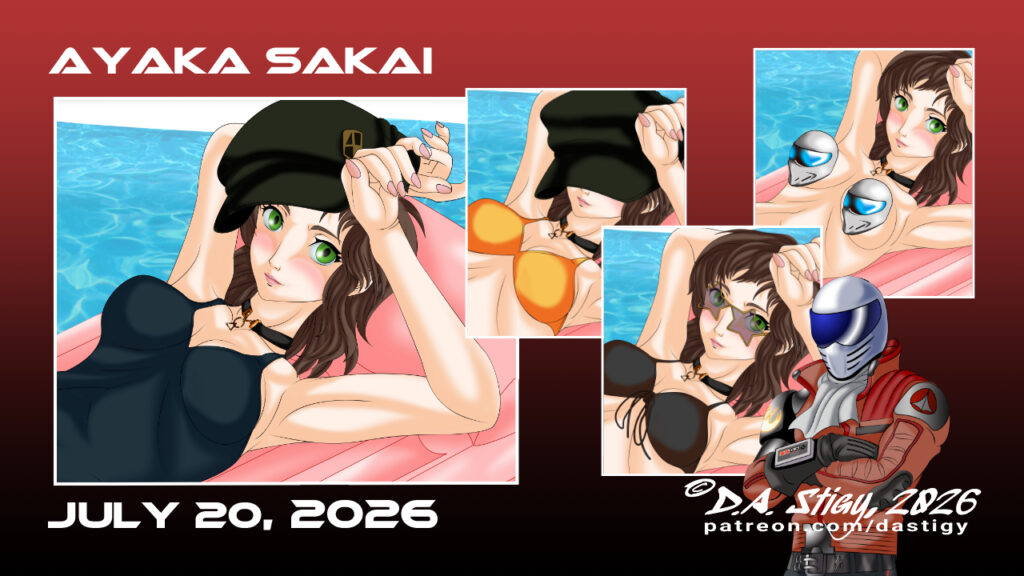 Digital art flier for a set of images featuring Ayaka from Persona 5 The Phantom X. The flier features cropped thumbnails of four of the set's images, and is dated with it's release date July 20th, 2026. In all the images we see Ayaka lounging on an air mattress in a pool. Her arms curl luxuriously around her head, and she looks at the camera with her trademark smirk. Ayaka is a young Japanese lady with pale skin, and green eyes. Her shoulder-length hair is dark brown. In the primary image, she's wearing her iconic green cap with it's distinctive chevron pin. She's also wearing her black choker with it's gold clasp and a black one-piece swimsuit. In the second image, her cap is down over eyes, as if she were asleep. Her swimsuit has been exchanged for a gold bikini. In the third, the cap is totally gone and her bikini has been changed to a black string version, with a center knot on the top. While her choker is still there, she's added a pair of star-shaped sunglasses. In the final pic, she's even lost her swimsuit. Uh oh! Censor time! Ayaka, however, does not mind in the least.