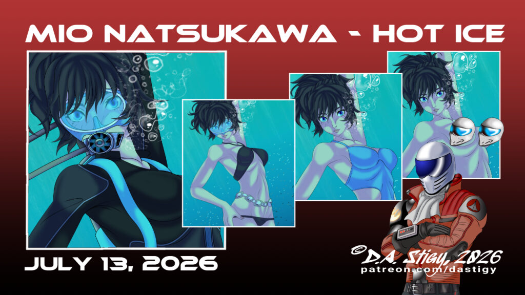 Digital art flier for a set of images featuring Mio from Persona 5 The Phantom X. The flier features cropped thumbnails of four of the set's images, and is dated with it's release date July 13th, 2026. In all the images we see Mio underwater, her right hand on her hip, her left extended above her, out of frame. She has pale skin, with a pair fo beauty marks under her right eye. Her eyes are blue and her long hair is jet-black and tied in her trademark high ponytail. In the primary image, she's wearing full scuba gear, and a dark blue wetsuit and leggings with light blue panels on her sides and legs. In the second image, her air tank is gone, though her dive mask and weight belt remain. She's also swapped her wetsuit for a black cross-tie style bikini. In the third, the gear is totally gone and her bikini has been changed for a blue one piece swimsuit. In the final pic, she's even lost her swimsuit, judging by the censoring.