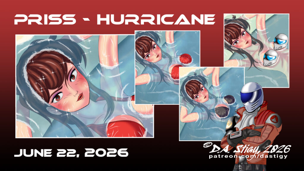 Digital art flier for a set of images featuring Priss from Bubblegum Crisis. The flier features cropped thumbnails of four of the set's images, and is dated with it's release date June 22nd, 2026.
In all the images we see Priss posing in a hot tub. She's laying back and stretching her legs out before her as the water gently laps around the bits of her poking above the surface. Her fingers are interlaced behind her head, and she's smiling up at the camera. Priss is a young woman of half-Japanese, half-European descent. She has long brown hair that would reach to her mid back, but is fanned out in the water. Her eyes are a starting warm brown, almost red.
In the primary image, a closeup, she's wearing a red one-piece swimsuit, and storm clouds can be seen roiling in the reflections of the water.
In the second image, she's wearing a red bikini, but the sky is much clearer.
In the third, she's wearing a black one-piece.
In the final pic, she's wearing nothing but a smile. Uh oh, censor time!