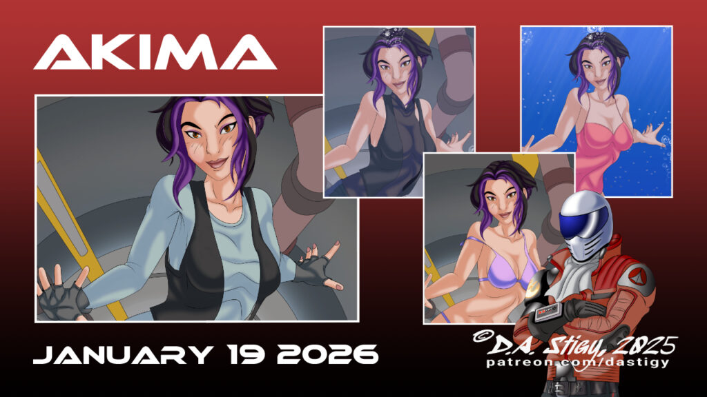 Pack ad for the Akima set. It shows four cropped thumbnails: the first of the main image above; the second of her in the same place, but wearing a sleeveless black tunic; the third also in the maintenance tube but wearing a lavender bikini, with one shoulder strap slipping down, and the third of her swimming underwater in a pink one-piece swimsuit.