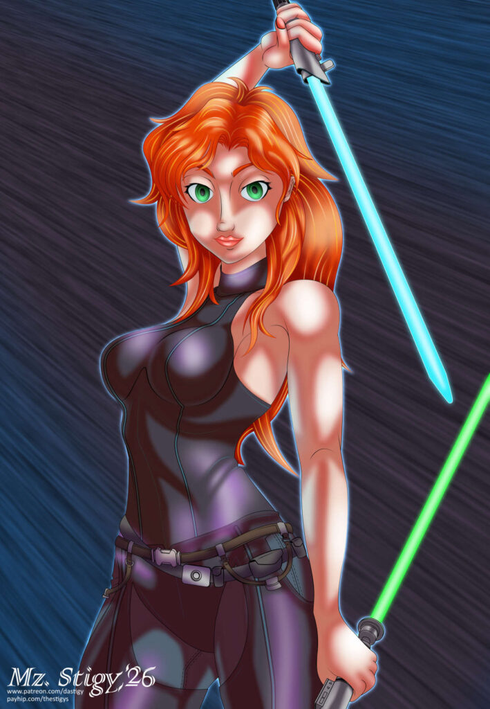 Digital art featuring Mara Jade from the Star Wars Expanded Universe. Mara is posed against a dark sky full of stars racing by so fast they're mere flickering lines. This is the mottled sky of hyperspace. She has her right arm cocked over her head and a light blue lightsaber - Anakin's, then Luke's, and now her's - burns ready. In her left, she holds Luke's green lightsaber in an unusual backhanded ready stance. Mara has tanned skin, green eyes and red-gold hair that falls just past mid-back. She's wearing a black bodysuit that leaves her arms bare.